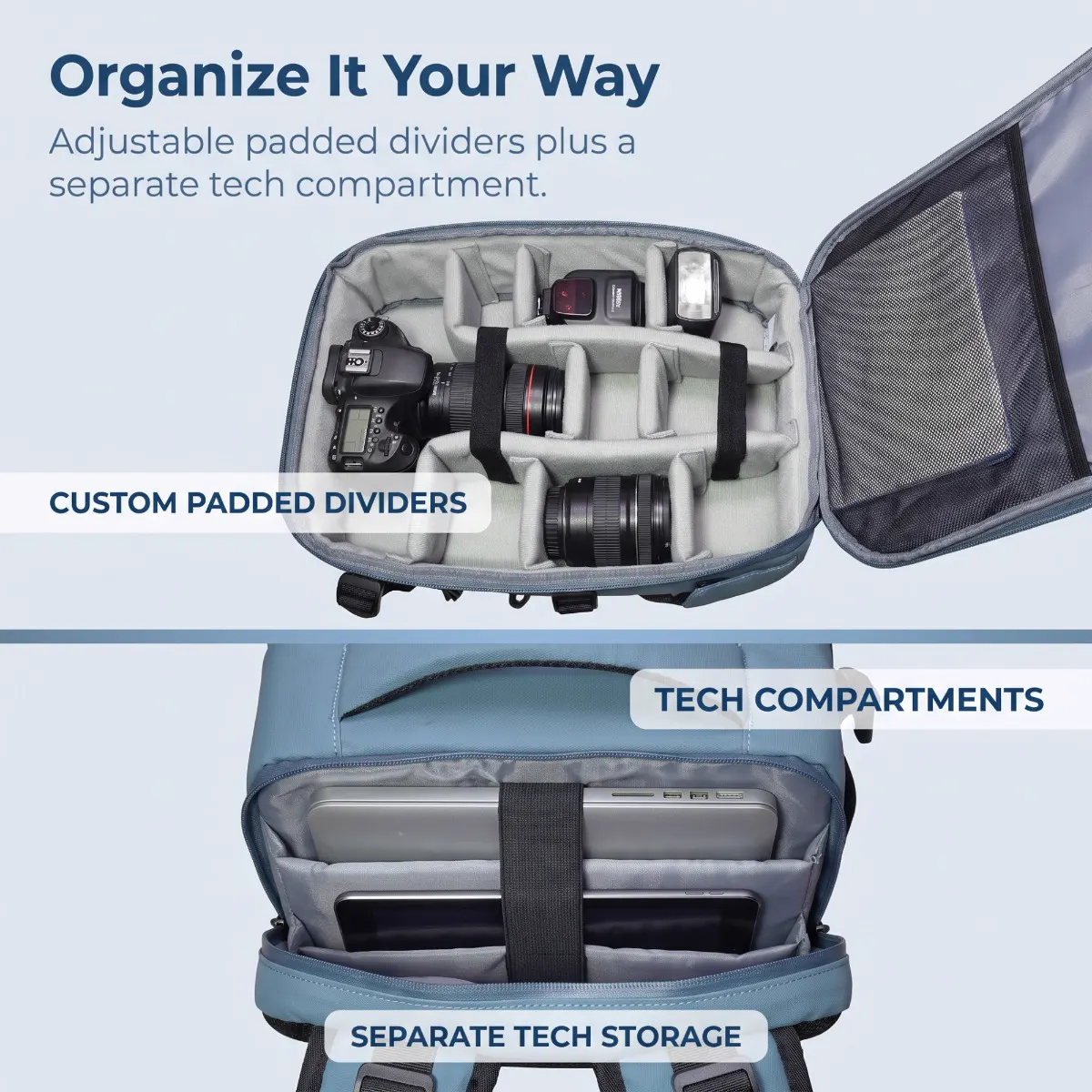 Camera Backpack with Padded Dividers — interior view