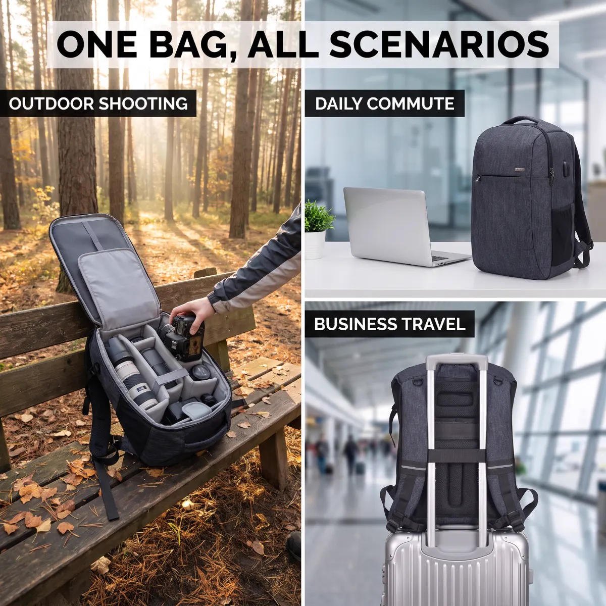 Camera Backpack — Large Capacity — multi-scene view