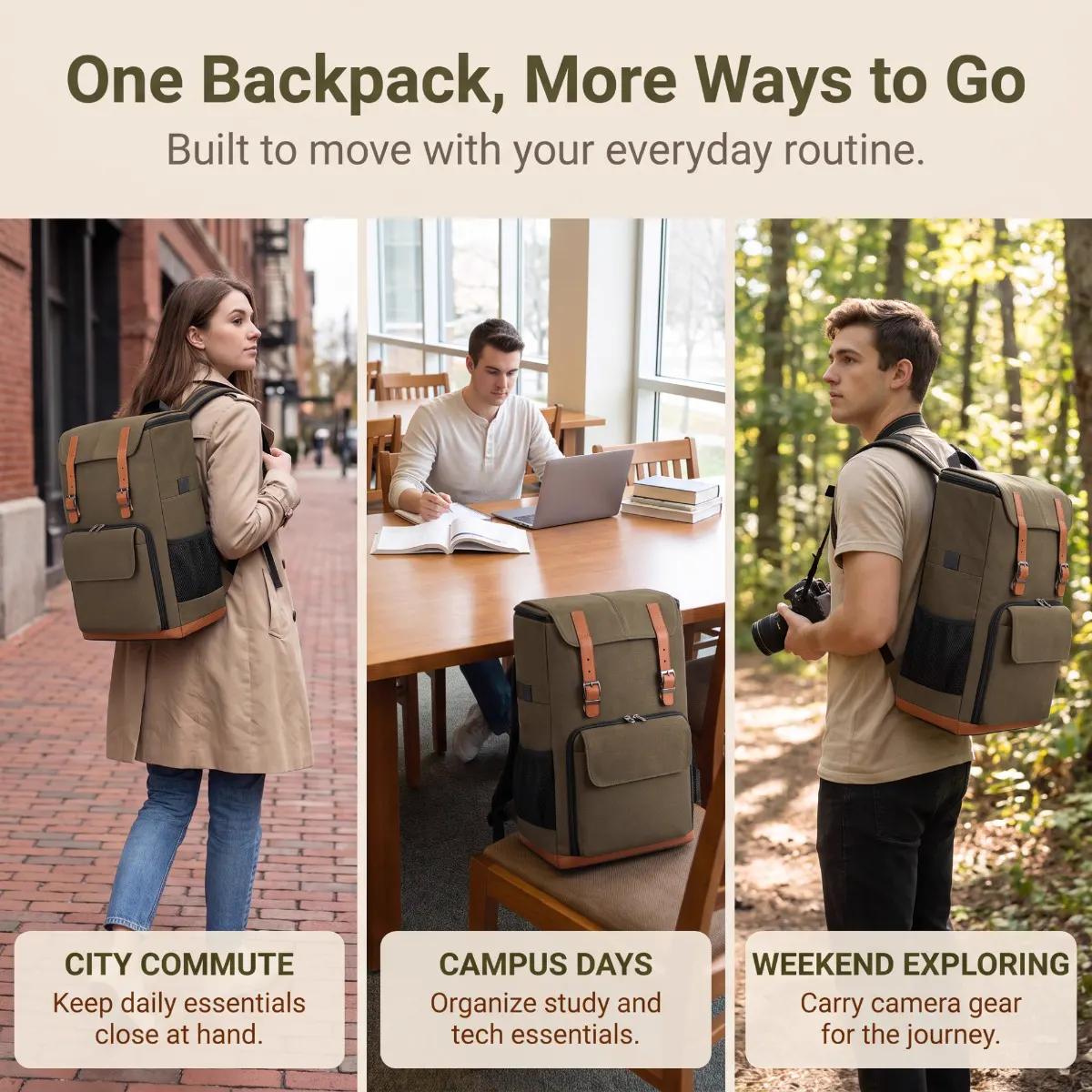 Camera Backpack — Travel Ready — multi-scene view