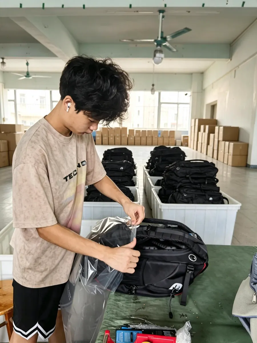 Packing at our Shiling partner factory - SoarBest OEM ODM bags